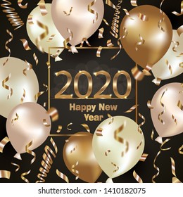 Happy New Year 2020. Background with golden sparkling texture. Gold Numbers 20, 2, 0, 02. Light effect. Vector Illustration for holiday greeting card, invitation, calendar poster banner