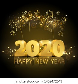 Happy New Year 2020 background. Greeting card design template gold. Celebrate brochure or flyer. template with fireworks. luxury greeting rich card.