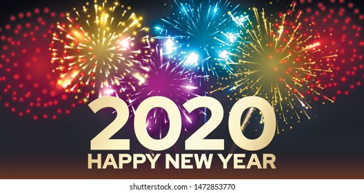 Happy new year 2020 background with bright fireworks. Greeting surprise and holiday celebration design. Vector illustration