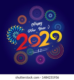 Happy new year 2020 background. Vector illustration of colorful fireworks. 