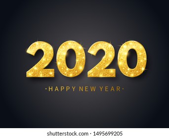 Happy New Year 2020 background with gold confetti, glitter, sparkles and stars. Glitter golden numbers with confetti and ribbons. Luxury bright festive design for greeting card. Vector illustration.