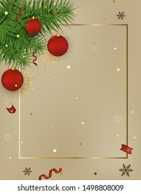 Happy New Year 2020 background. Christmas tree, red balls, lights confetti,snowflakes, place for text. Vector illustrations.