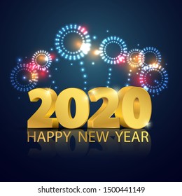 Happy New Year 2020 background. Greeting card design fireworks template gold. Celebrate brochure or flyer.