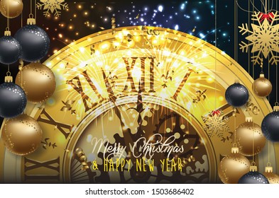 Happy new year 2020 background with christmas clock gold and firework