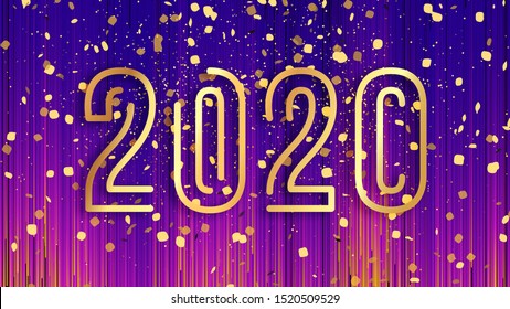 Happy New Year 2020 background, vector illustration. Purple, orange, yellow stripes background, gold confetti flying in the air, 2020 sign  made of gold numbers, evening gala luxury glam card.