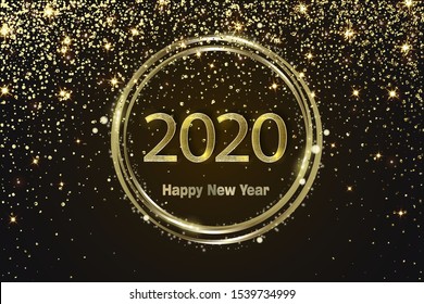 Happy New Year 2020. Background with golden sparkling texture. Gold Numbers 20, 2, 0, 02. Light effect. Vector Illustration for holiday greeting card, invitation, calendar poster banner