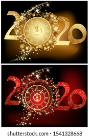 Happy New Year 2020 Hintergrund, Gold und Rot mit Uhr