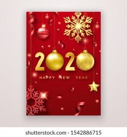 Happy New Year 2020. Background with shining numerals, stars, balls and ribbons. New year and Christmas vector card or flyer illustration on red background