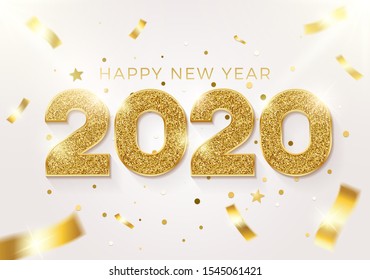 Happy new year 2020 background. Vector realistic illustration with golden glitter text on a background with conffeti falling. Greeting card, poster and banner design