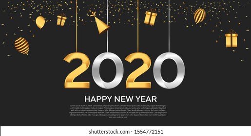 Happy New Year 2020. background illustration with hanging silver and golden color number. vector illustration