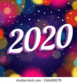 Happy New Year 2020. Background with colored blurred light for Merry Christmas party. Greeting card and advertising design template. Fashion banner. Handwritten numbers 2020 with shadow. Vector.
