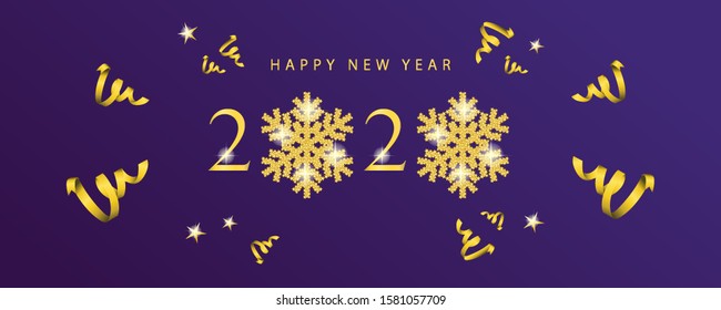 Happy new year 2020 background with golden snowflakes. New year celebration greeting with golden ribbons and stars. Vector illustration.