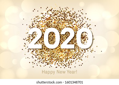 Happy New Year 2020 background with gold glitter and confetti. Vector