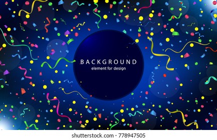 Happy new year 2020 background with bokeh effect. Elegant christmas blue background with sparkles.Vector colourful serpentine and confetti on background with a circle substrate for text. Celebration.