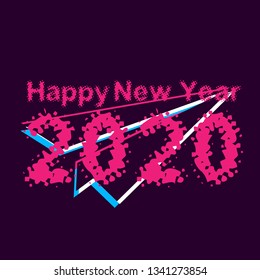 happy new year 2020, banner or background with violet glitch or retro style.