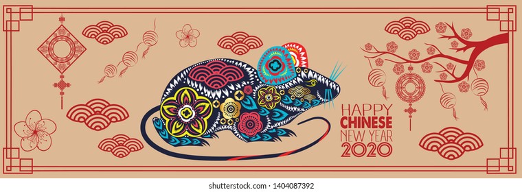 Happy new year 2020 banner. Chinese new year greetings card, Year of the rat