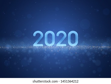 Happy new year 2020 banner on blue background Vector eps 10 Blurred bokeh light on dark blue background. Christmas and New Year holidays template. Abstract glitter defocused blinking stars and sparks.