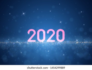 Happy new year 2020 banner on blue background Vector eps 10 Blurred bokeh light on dark blue background. Christmas and New Year holidays template. Abstract glitter defocused blinking stars and sparks.