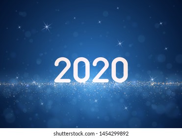 Happy new year 2020 banner on blue background Vector eps 10 Blurred bokeh light on dark blue background. Christmas and New Year holidays template. Abstract glitter defocused blinking stars and sparks.