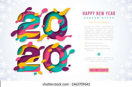 Feliz Año Nuevo 2020, plantilla de banner con números de recorte de papel abstracto. Ilustración vectorial. Colorido arte de tallado en 3D para carteles, folletos o descuento de cupones.