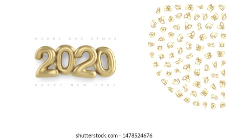 Happy new year 2020 banner with golden sand and ornaments