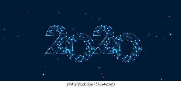 Happy new year 2020 banner design. Geometric polygonal 2020 new year greeting card. Vector futuristic background. Low polygon.