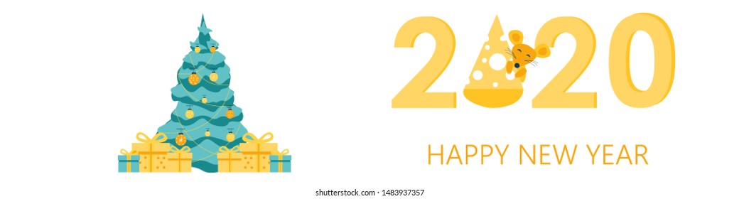 Happy New Year 2020 banner with Christmas tree and the inscription. Funny cute Mouse, rat and cheese slice. Greeting card. Vector illustration in a flat cartoon style. Template brochures, flyers.