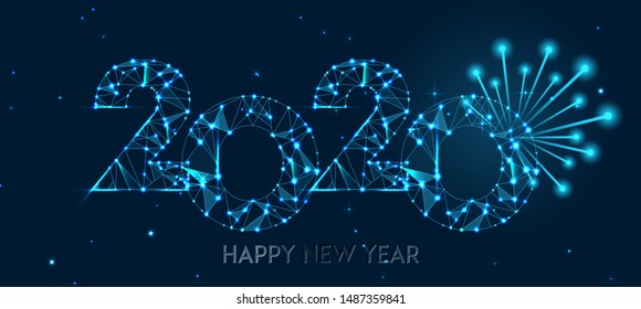 Happy new year 2020 banner design. Geometric polygonal 2020 new year greeting card. Vector firecracker background. Low polygon.