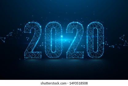 Happy new year 2020 banner from lines, triangles and particle style design. Illustration vector