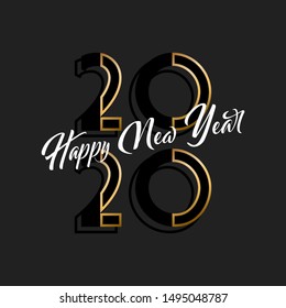 Happy new year 2020 banner. Gold and white text on black background
