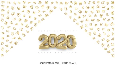 Happy new year 2020 banner with gold 3d inscription and ornaments. 2020 happy new year and marry Christmas background.
