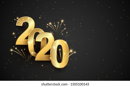 Happy new year 2020 banner. Golden sparkling luxury text 2020 with firework on black background