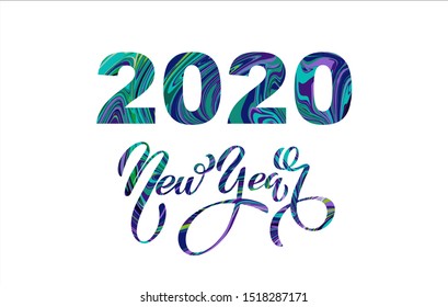 Happy new year 2020 banner. Vector illustration of a happy new year. Beautiful color inscription. Fluid art, marble style.