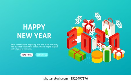 Happy New Year 2020 Banner. Vector Illustration of Winter Holiday Isometry.