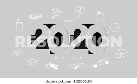 Happy New Year 2020 banner with paper cut concept with future resolution icon, can use for, landing page, template, ui, web, mobile app, poster, banner, flyer, background