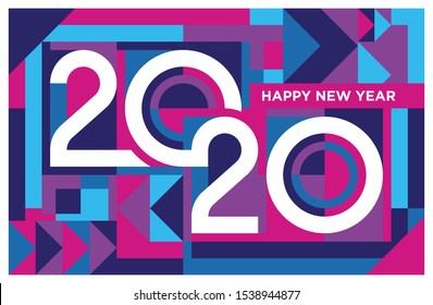 Happy new year 2020 banner in abstract geometric shape design. 2020 lettering in colorful cubisme art. Trendy bauhaus 2020 typography. Happy new year card in memphis style. Eps10.