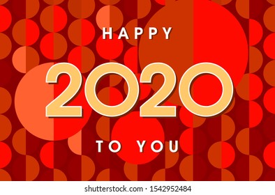 Happy new year 2020 banner and text design. Red, yellow and orange colors. Background trendy pattern of sequins, segments and circles. Vector greeting illustration with golden numbers.