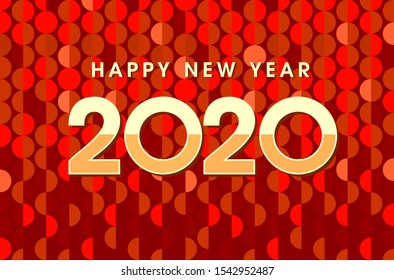 Happy new year 2020 banner and text design. Red, yellow and orange colors. Background trendy pattern of sequins, segments and circles. Vector greeting illustration with golden numbers.