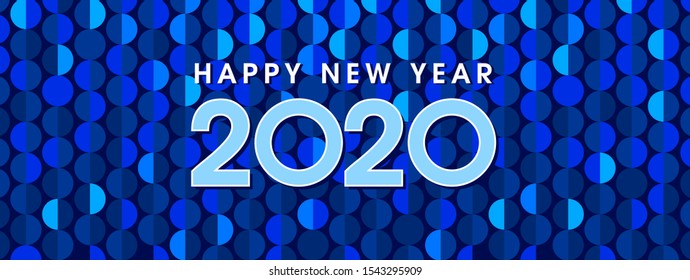 Happy new year 2020 banner and text design image. Background trendy pattern of blue sequins, segments and circles. Vector greeting illustration with blue numbers.