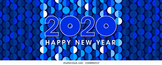 Happy new year 2020 banner and text design. Background trendy pattern of blue sequins, segments and circles. Vector greeting illustration with golden numbers.