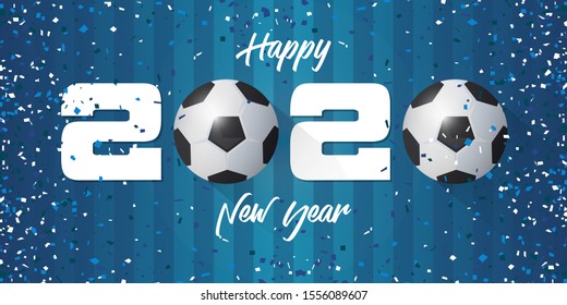 Happy New Year 2020 banner with soccer ball and paper confetti on soccer field background. Banner  template design for New Year decoration in Soccer or Football Concept. Vector illustration.