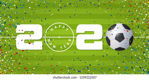 Happy New Year 2020 banner with soccer ball and paper confetti on soccer field background. Banner  template design for New Year decoration in Soccer or Football Concept. Vector illustration.