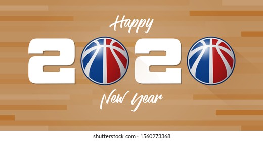 Happy New Year 2020 banner with basketball ball and paper confetti on basketball court background. Banner  template design for New Year decoration in basketball แoncept. Vector illustration.