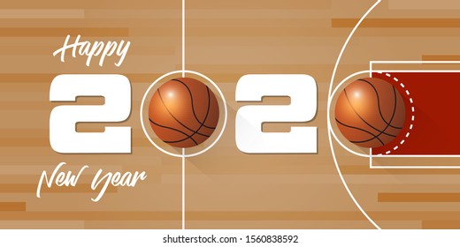 Happy New Year 2020 banner with basketball ball on basketball court background. Banner  template design for New Year decoration in basketball Concept. Vector illustration.