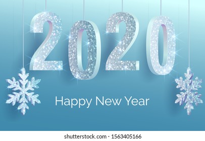 Happy New Year 2020 banner. Realistic vector illustration with glitter silver 3D numbers and snowflakes hanging on a light-blue background