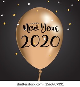 Happy New Year 2020 banner, gold balloon and confetti, Vector