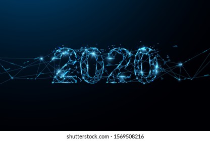 Happy new year 2020 banner form lines, triangles and particle style design. Illustration vector