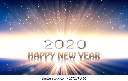 Happy new year 2020 banner. Sunrise background as simbol of new houps. Shiny numbers in vector format. Illustration.