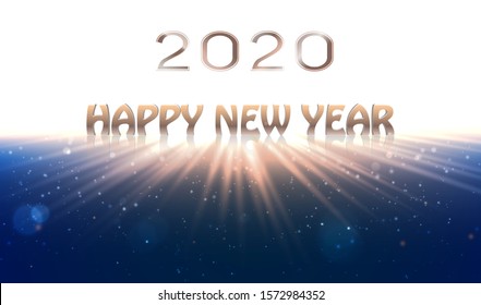 Happy new year 2020 banner. Sunrise background as simbol of new houps. Shiny numbers in vector format. Illustration.