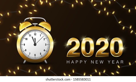 Happy new year 2020 banner. Golden luxury text 2020 Happy new year. 2020 Happy New Year Shining background with gold clock. Vector illustration template